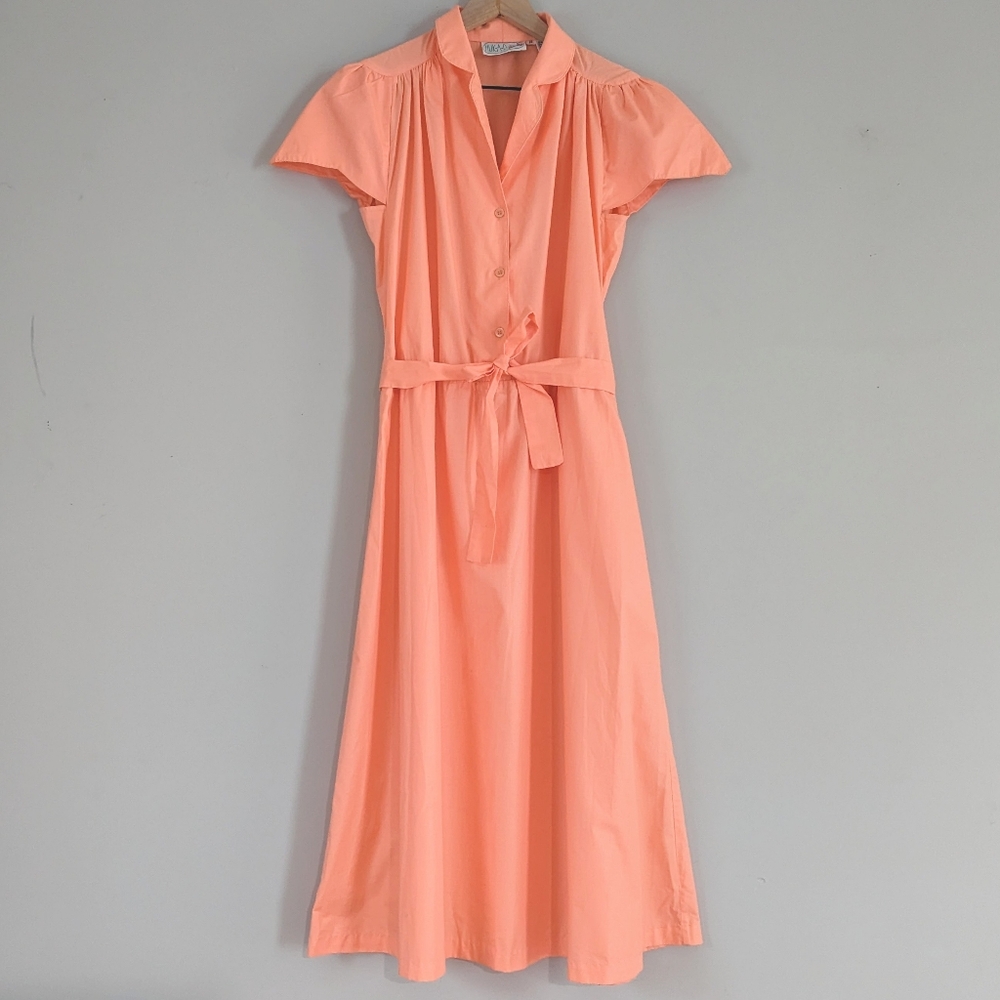 Vintage 1970s Peach Day Dress Retro Short Sleeve Shirt Dress Midi Sz Large